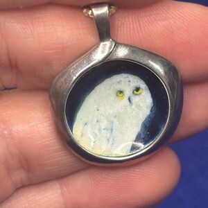 Hand Painted Snowy Owl Silver Pendant Necklace